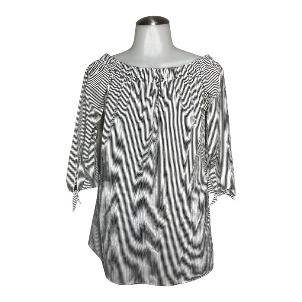 Small Emma Black & White Striped Off-Shoulder Tunic tie sleeves
